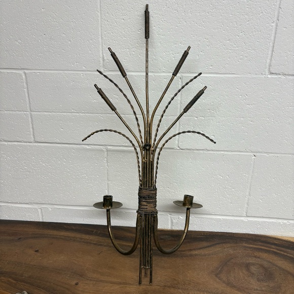 Vintage Brass Cattails Wall Double Candle Holder Sconce - Picture 7 of 10